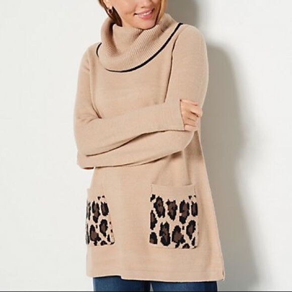 LOGO by Lori Goldstein Cowl Neck Sweater with Leopard Pockets - Picture 1 of 5